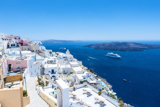 View To The Sea And Volcano From Fira, The Capital of Santorini,  Island In Greece