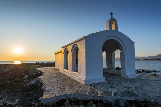 Small White Church By Sunrise in Georgioupolis, Crete, Greece
