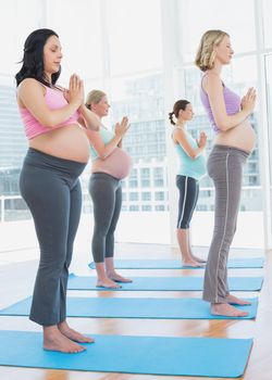Pregnant women in yoga class standing in tree pose eyes closed in a fitness studio