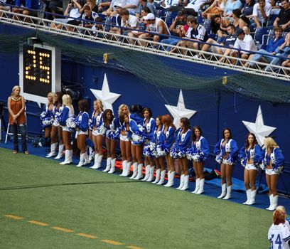 DALLAS - OCT 5: A view of the end zone in Texas Stadium on Sunday, October 5, 2008 and the Dallas Cowboys cheerleaders preparing for the half time show. The last season that the Cowboys will play in Texas Stadium. 
