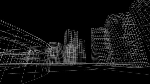 Wireframe view of some buildings with a black background