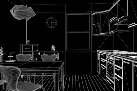 3D render of a kitchen in wireframe view