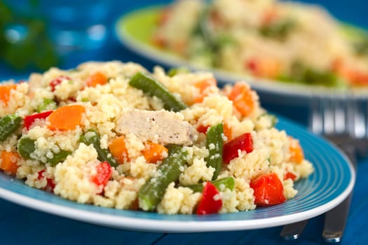 Couscous dish with chicken, green bean, carrot and red bell pepper served on plate with fork on the side (Selective Focus, Focus on the meat one third into the dish) 