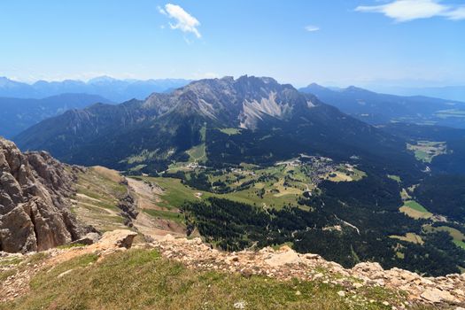 aerial view of Costalunga pass and Latemar mount, Trentino Alto Adige, Italy