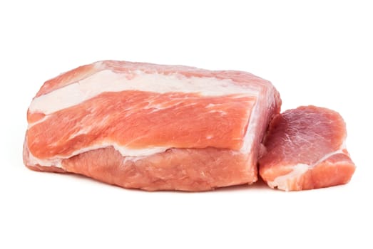 Piece of raw meat and cut off part on white background