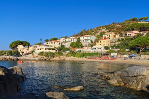 summer view of Seccheto village with the sandy beach, Elba island, Italy