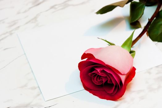 Red rose and a letter on the marble table
