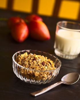 Breakfast cereal out of oat bran flakes, sesame, honey, almonds and dried fruits (coconut, apple, banana, raisins) in glass bowl with a glass of milk and tamarillo in the back (Selective Focus, Focus on the raisins on the top of the cereal)