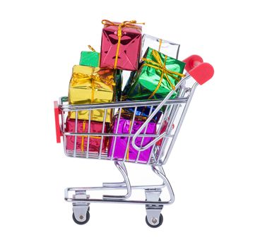 Shopping Cart With Colorful Gift Boxes Isolated On White Background
