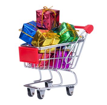 Shopping Cart With Colorful Gift Boxes Isolated On White Background