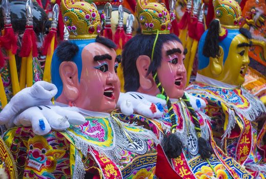 SAN FRANCISCO - FEB 15 : Traditional man-size costumes worn during parades before the beginning of the annual Chinese new year parade on February 15 2014 on San Francisco , California