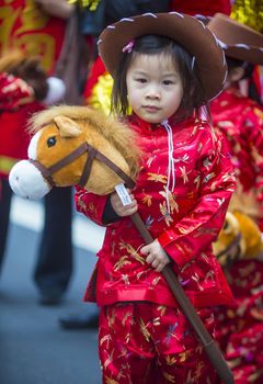 SAN FRANCISCO - FEB 15 : Unidentified dress up children performing during the Chinese New Year Parade in San Francisco , California on February 15 2014 , It is the largest Asian event in North America 