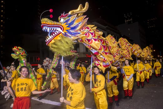 SAN FRANCISCO - FEB 15 : An unidentified participants in a Dragon dance at the Chinese New Year Parade in San Francisco , California on February 15 2014 , It is the largest Asian event in North America 