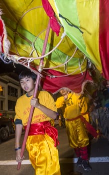 SAN FRANCISCO - FEB 15 : An unidentified participants in a Dragon dance at the Chinese New Year Parade in San Francisco , California on February 15 2014 , It is the largest Asian event in North America 