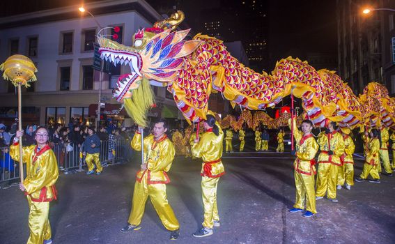 SAN FRANCISCO - FEB 15 : An unidentified participants in a Dragon dance at the Chinese New Year Parade in San Francisco , California on February 15 2014 , It is the largest Asian event in North America 