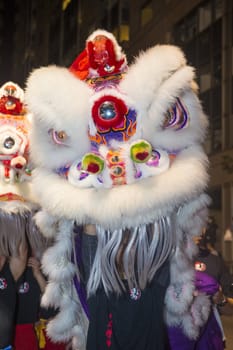 SAN FRANCISCO - FEB 15 : An unidentified participant in a Lion dance at the Chinese New Year Parade in San Francisco , California on February 15 2014 , It is the largest Asian event in North America 