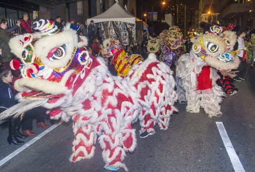 SAN FRANCISCO - FEB 15 : An unidentified participants in a Lion dance at the Chinese New Year Parade in San Francisco , California on February 15 2014 , It is the largest Asian event in North America 