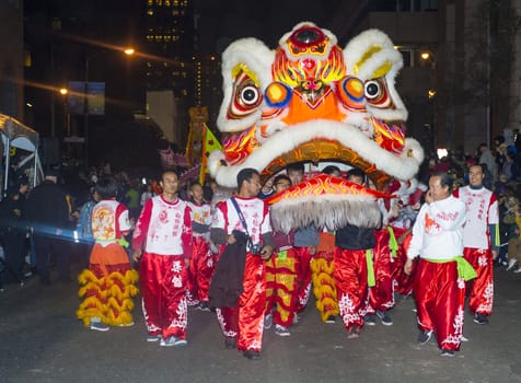 SAN FRANCISCO - FEB 15 : An unidentified participants in a Lion dance at the Chinese New Year Parade in San Francisco , California on February 15 2014 , It is the largest Asian event in North America 