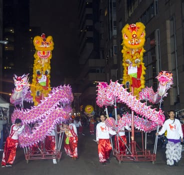 SAN FRANCISCO - FEB 15 : An unidentified participants in a Dragon dance at the Chinese New Year Parade in San Francisco , California on February 15 2014 , It is the largest Asian event in North America 