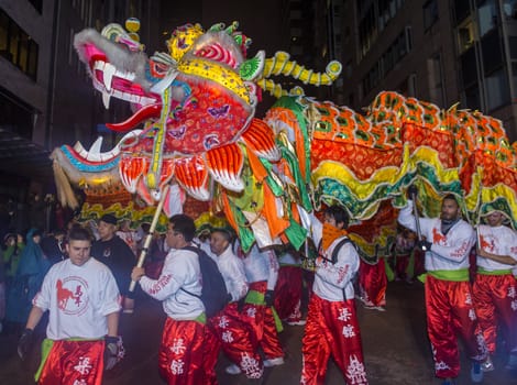 SAN FRANCISCO - FEB 15 : An unidentified participants in a Dragon dance at the Chinese New Year Parade in San Francisco , California on February 15 2014 , It is the largest Asian event in North America 