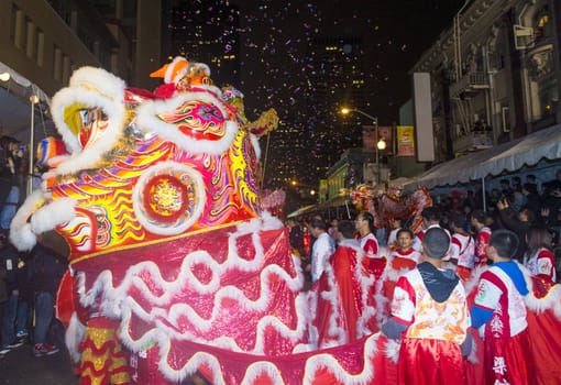 SAN FRANCISCO - FEB 15 : An unidentified participants in a Dragon dance at the Chinese New Year Parade in San Francisco , California on February 15 2014 , It is the largest Asian event in North America 