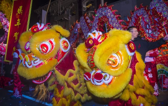 SAN FRANCISCO - FEB 15 : An unidentified participant in a Lion dance at the Chinese New Year Parade in San Francisco , California on February 15 2014 , It is the largest Asian event in North America 