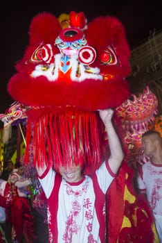 SAN FRANCISCO - FEB 15 : An unidentified participant in a Lion dance at the Chinese New Year Parade in San Francisco , California on February 15 2014 , It is the largest Asian event in North America 