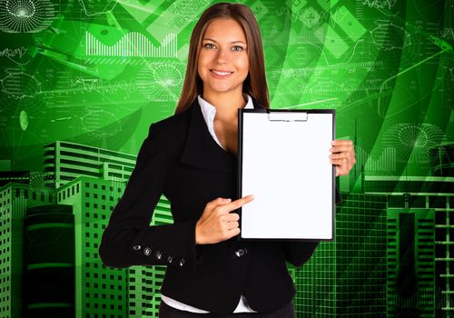 Businesswoman holding paper holder. Graphs and buildings as backdrop