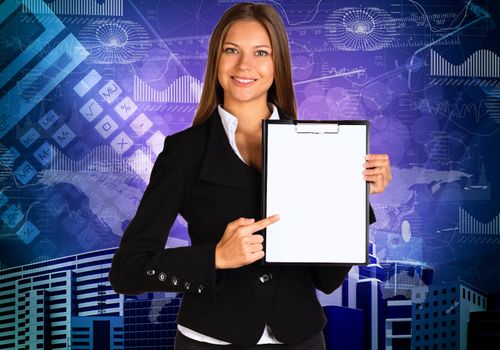 Businesswoman holding paper holder. Graphs and buildings as backdrop