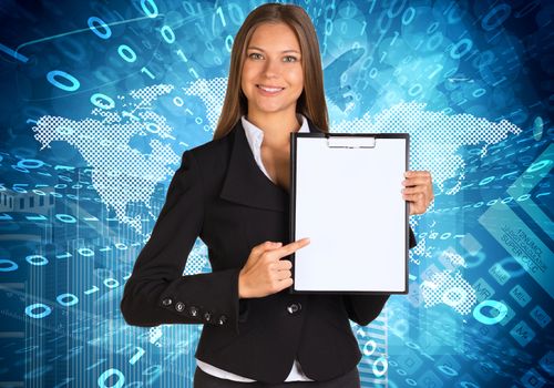 Businesswoman holding paper holder. Graphs and world map as backdrop