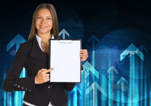 Businesswoman holding paper holder. Graphs and arrows as backdrop