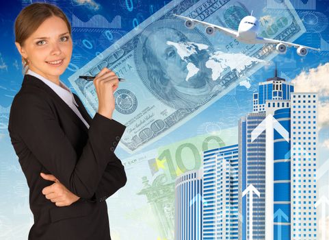 Businesswoman with airplane, skyscrapers and money. Business concept