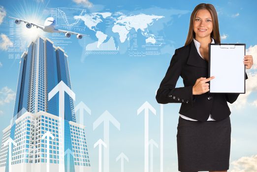 Businesswoman holding paper holder. World map, buildings and arrows as backdrop