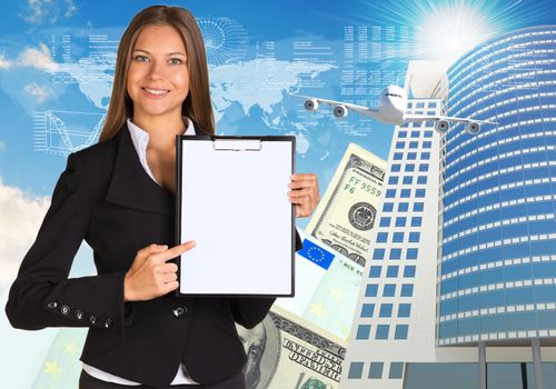 Businesswoman holding paper holder. Airplane, skyscrapers and money as backdrop