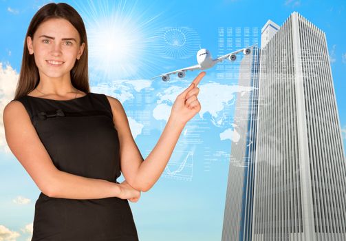 Businesswoman pointing her finger in direction. Airplane, skyscrapers and world map as backdrop