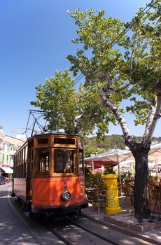 Classic wood tram train of Puerto de Soller in Mallorca, Spain ( Balearic Islands )