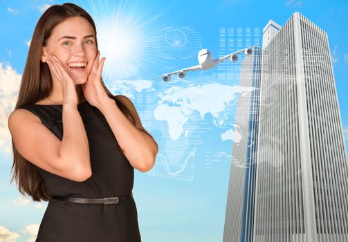 Joyful businesswoman in dress. Airplane, skyscrapers and world map as backdrop