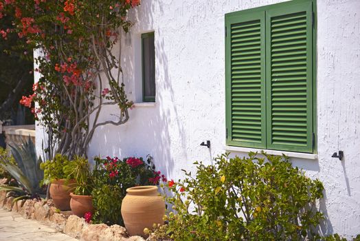 Typical House With Flower Pots in Mallorca, Spain ( Balearic Islands )