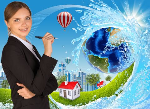 Businesswoman with Earth, water splash and buildings. Elements of this image are furnished by NASA