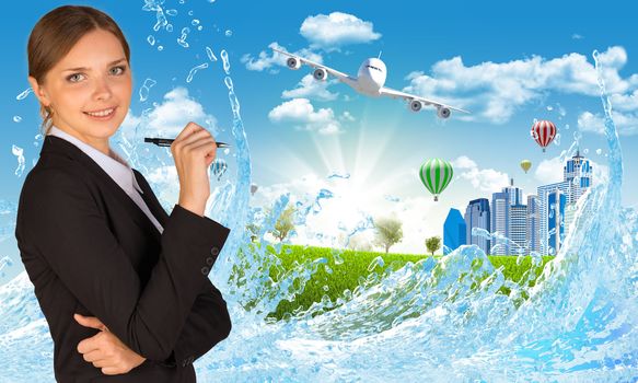Businesswoman with pen looking at camera. Water splash, landscape and buildings as backdrop