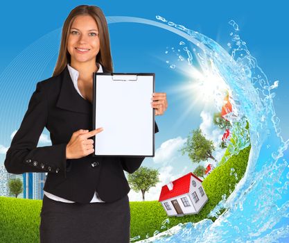 Businesswoman holding paper holder. Water splash, landscape and houses as backdrop
