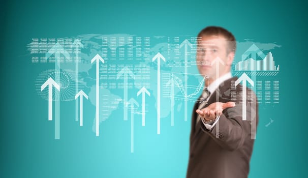 Businessman with graphs and arrows. Business concept