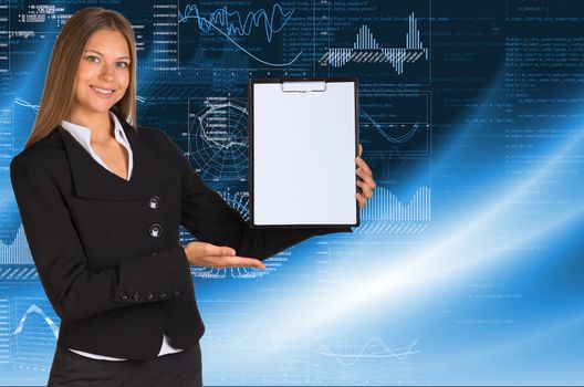 Businesswoman holding paper holder. Graphs as backdrop