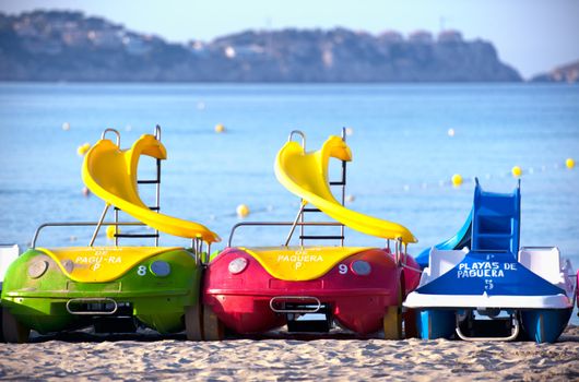 Water Bicycles on a Sandy Beach of Mallorca, Spain ( Balearic Islands )