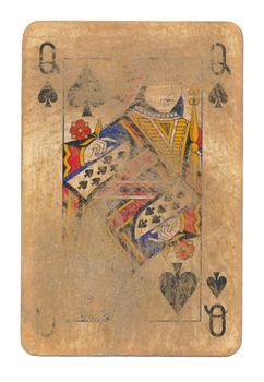 ancient used rubbed playing card queen of spades paper background isolated on white