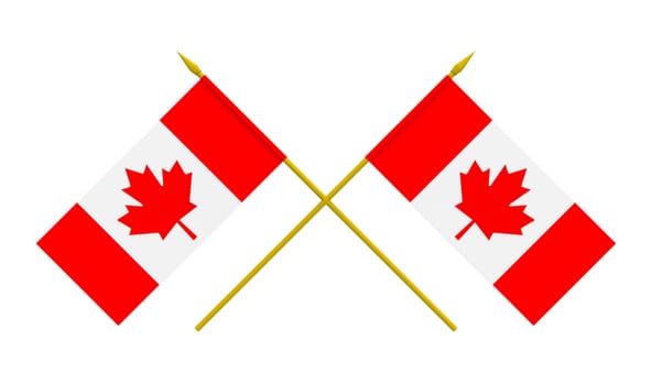 Two crossed flags of Canada, 3d render, isolated on white