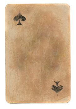 empty rubbed ace of spades playing card paper background with two signs. Isolated on white