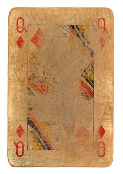 ancient used rubbed playing card queen of diamonds paper background. Isolated on white