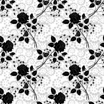 Seamless pattern, rose flowers and leaves black silhouettes on grey and white floral background.