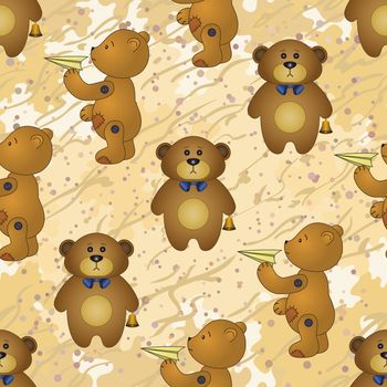Seamless pattern, cartoon teddy bears with toy airplanes and golden bells on abstract background.